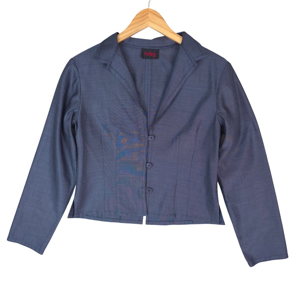 Ruby Blazer Women Medium Blue Iridescent Shimmer 3 Button Long Sleeve Cropped